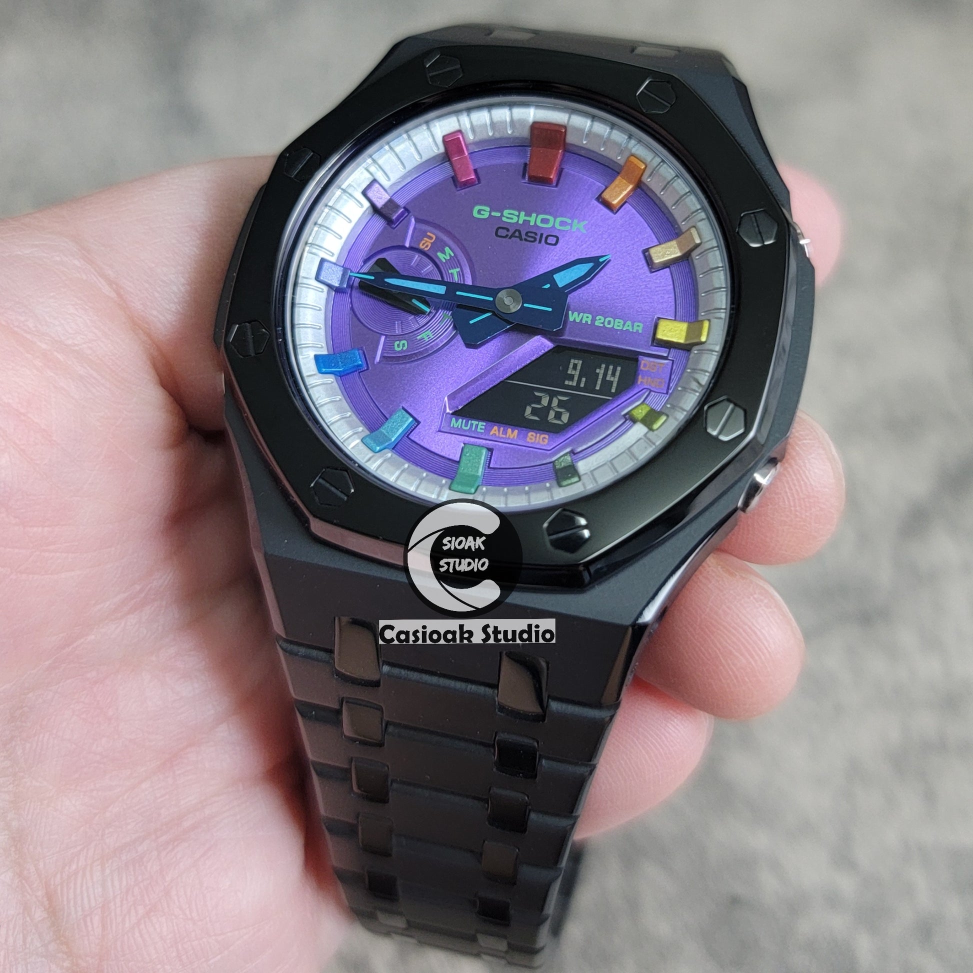 Casioak Mod Watch Polished Black Case Metal Strap Silver Rainbow Time Mark Purple Dial 44mm - Casioak Studio