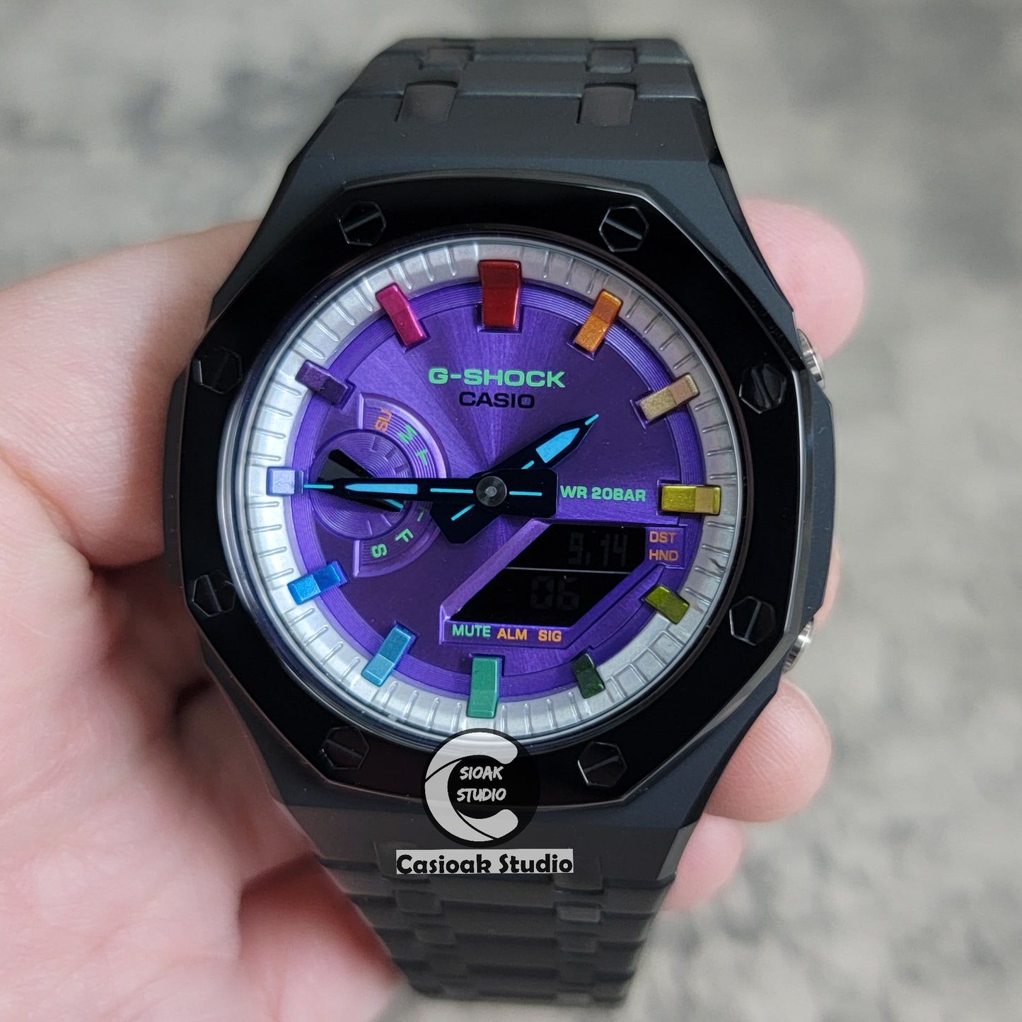 Casioak Mod Watch Polished Black Case Metal Strap Silver Rainbow Time Mark Purple Dial 44mm - Casioak Studio