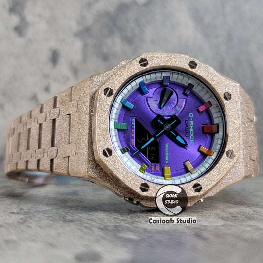 Casioak Mod Watch Frosted Rose Gold Case Metal Strap Silver Rainbow Time Mark Purple Dial 44mm