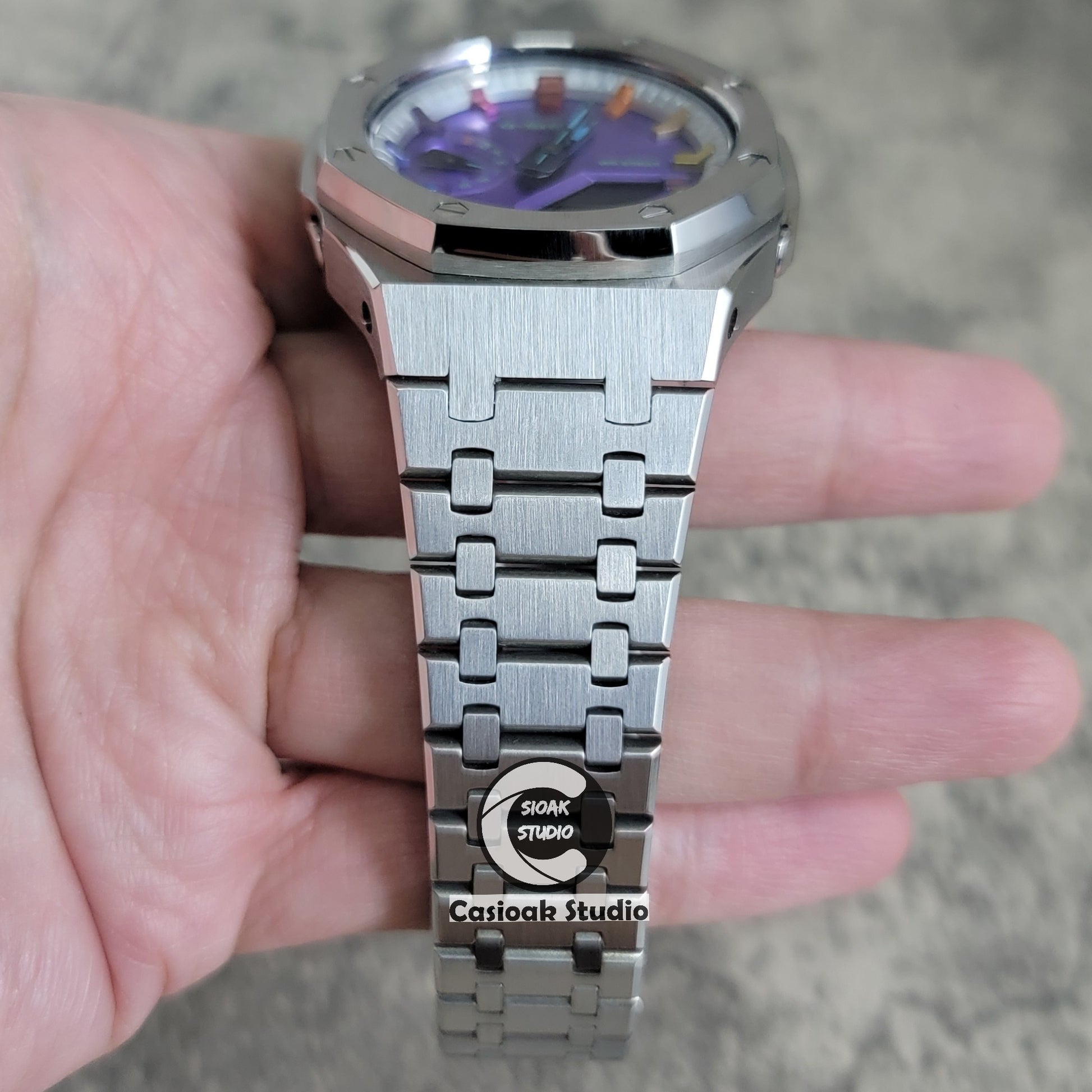 Casioak Mod Watch Silver Case Metal Strap Silver Rainbow Time Mark Purple Dial 44mm - Casioak Studio