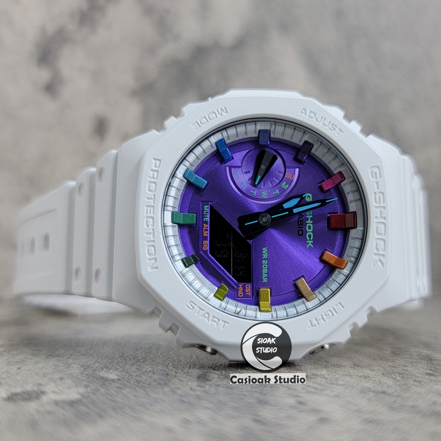 Casioak Mod Watch White Plastic Case Strap Silver Rainbow Time Mark Purple Dial 44mm - Casioak Studio