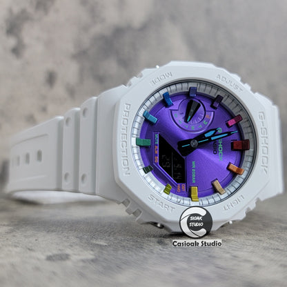 Casioak Mod Watch White Plastic Case Strap Silver Rainbow Time Mark Purple Dial 44mm - Casioak Studio