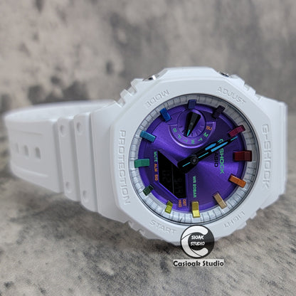 Casioak Mod Watch White Plastic Case Strap Silver Rainbow Time Mark Purple Dial 44mm - Casioak Studio