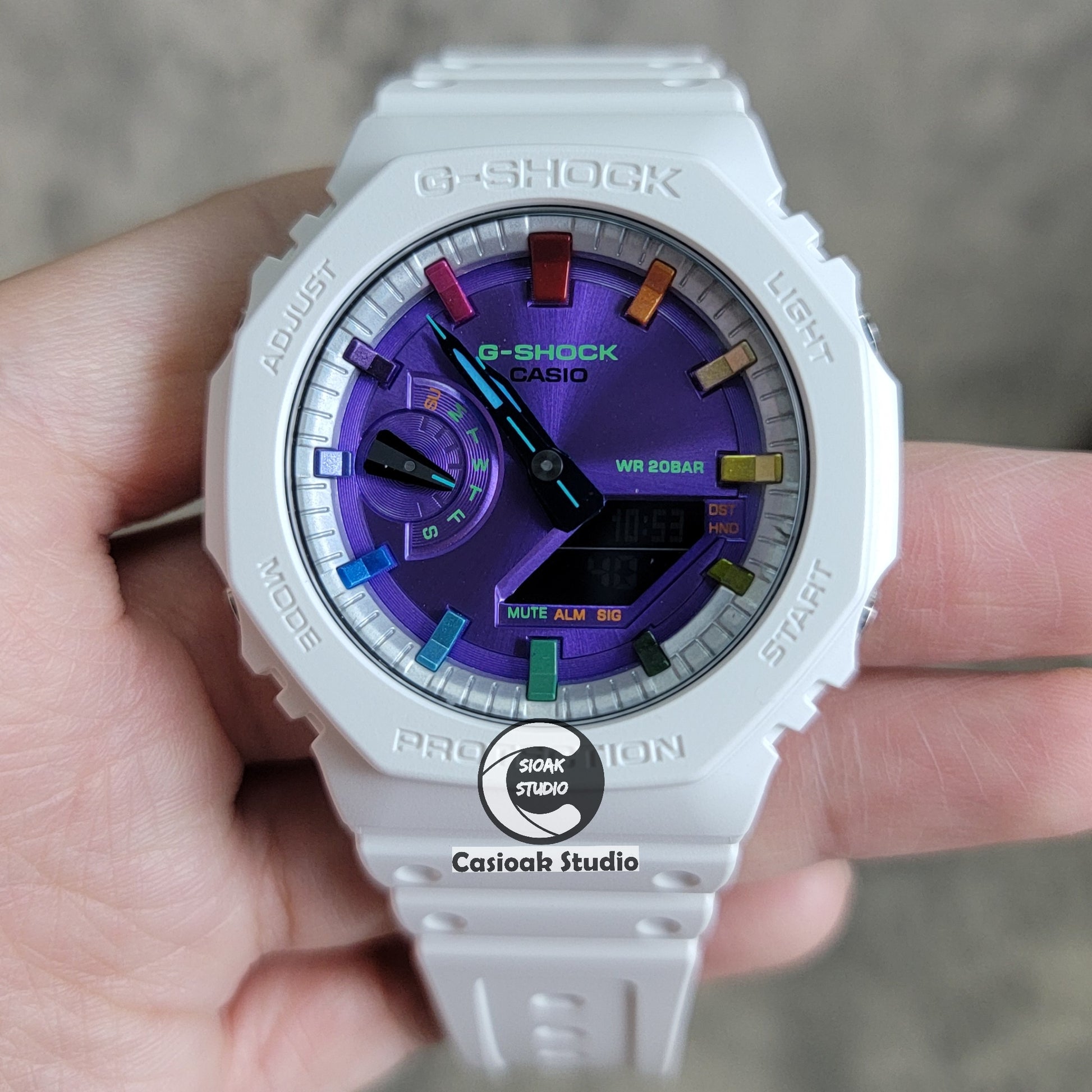 Casioak Mod Watch White Plastic Case Strap Silver Rainbow Time Mark Purple Dial 44mm - Casioak Studio