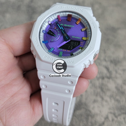 Casioak Mod Watch White Plastic Case Strap Silver Rainbow Time Mark Purple Dial 44mm - Casioak Studio