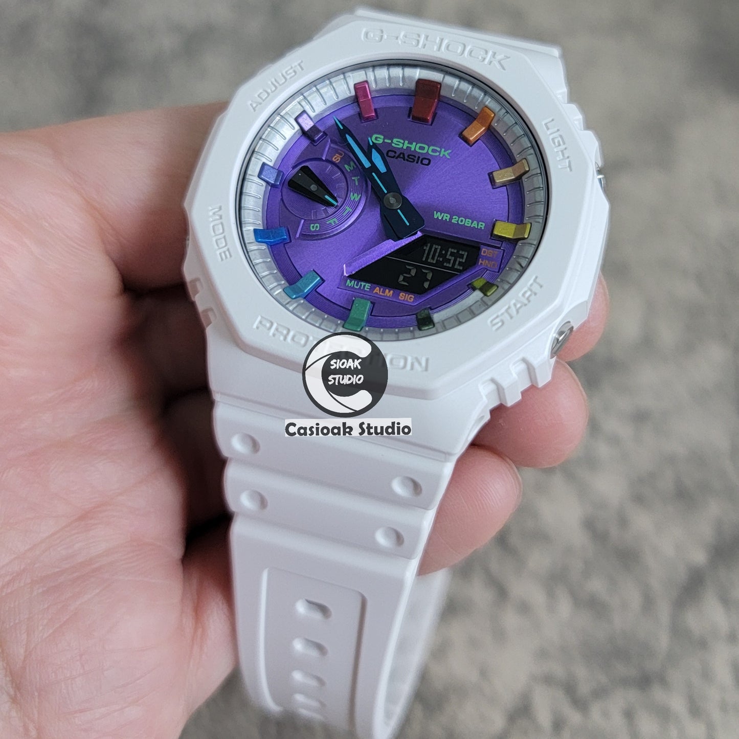 Casioak Mod Watch White Plastic Case Strap Silver Rainbow Time Mark Purple Dial 44mm - Casioak Studio