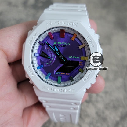Casioak Mod Watch White Plastic Case Strap Silver Rainbow Time Mark Purple Dial 44mm - Casioak Studio