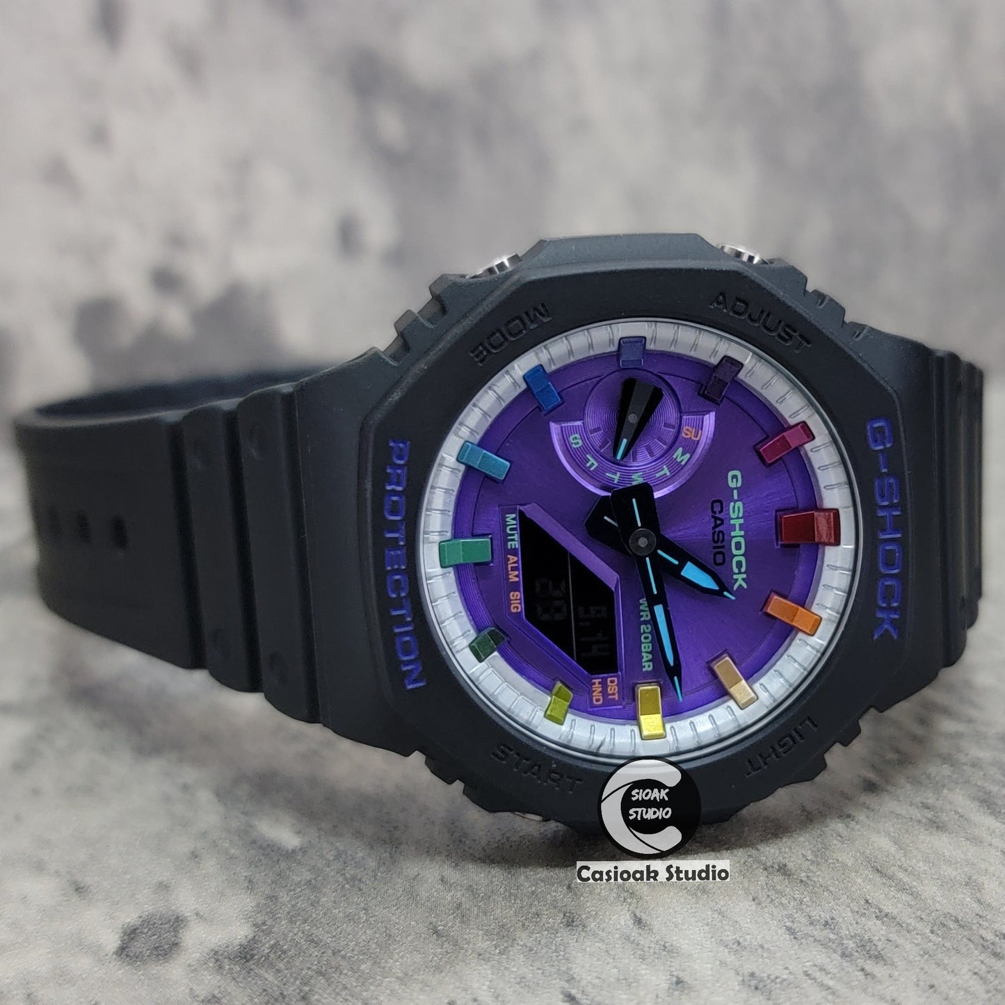Casioak Mod Watch Black Plastic Case Strap Silver Rainbow Time Mark Purple Dial 44mm - Casioak Studio