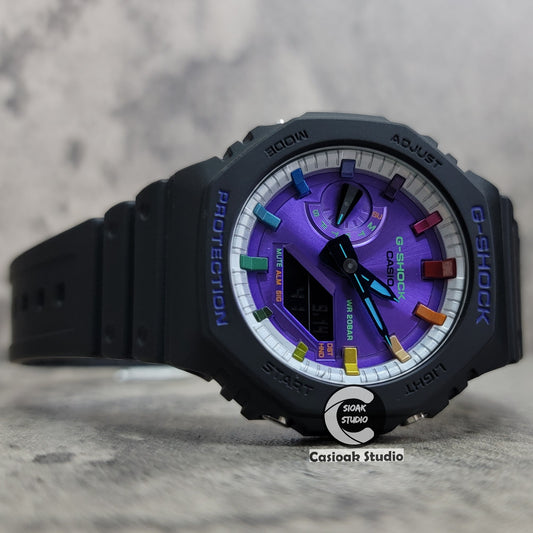 Casioak Mod Watch Black Plastic Case Strap Silver Rainbow Time Mark Purple Dial 44mm