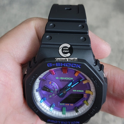 Casioak Mod Watch Black Plastic Case Strap Silver Rainbow Time Mark Purple Dial 44mm - Casioak Studio