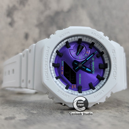 Casioak Mod Watch White Plastic Case Strap Silver Black Time Mark Purple Dial 44mm - Casioak Studio