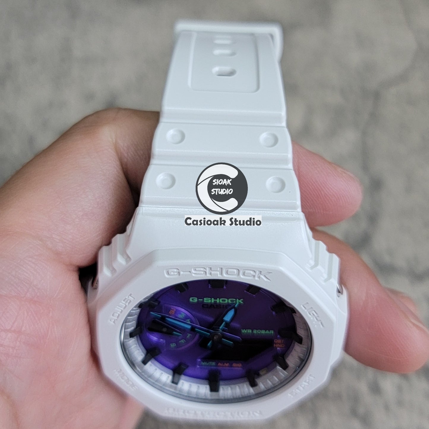 Casioak Mod Watch White Plastic Case Strap Silver Black Time Mark Purple Dial 44mm - Casioak Studio