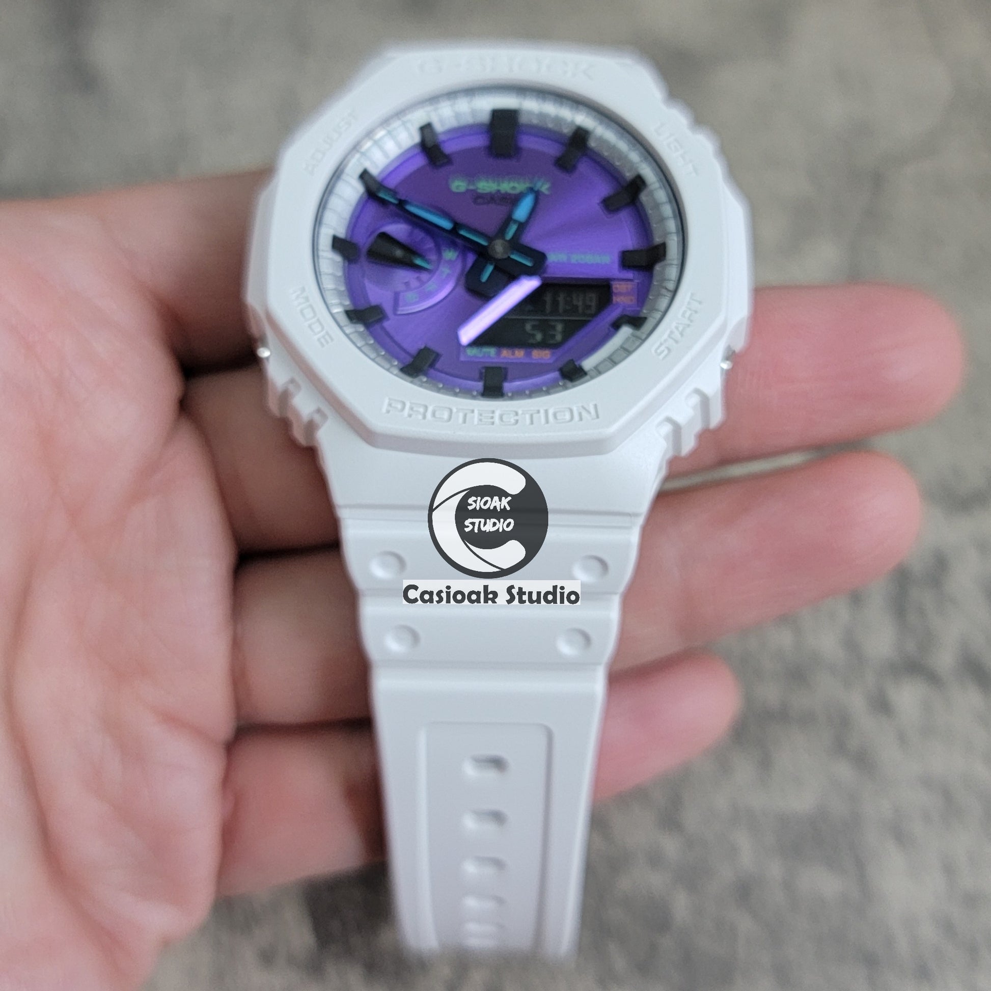 Casioak Mod Watch White Plastic Case Strap Silver Black Time Mark Purple Dial 44mm - Casioak Studio