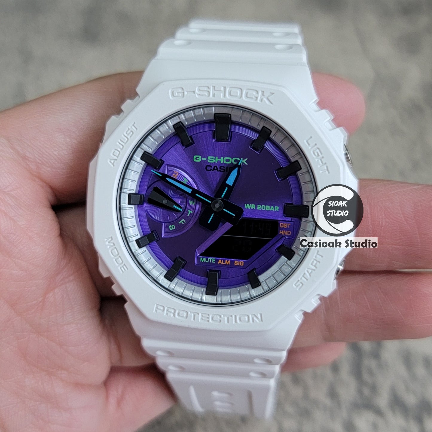 Casioak Mod Watch White Plastic Case Strap Silver Black Time Mark Purple Dial 44mm - Casioak Studio