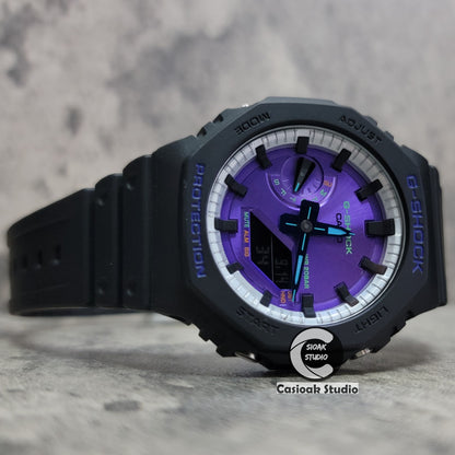 Casioak Mod Watch Black Plastic Case Strap Silver Black Time Mark Purple Dial 44mm - Casioak Studio