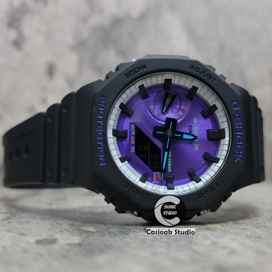 Casioak Mod Watch Black Plastic Case Strap Silver Black Time Mark Purple Dial 44mm
