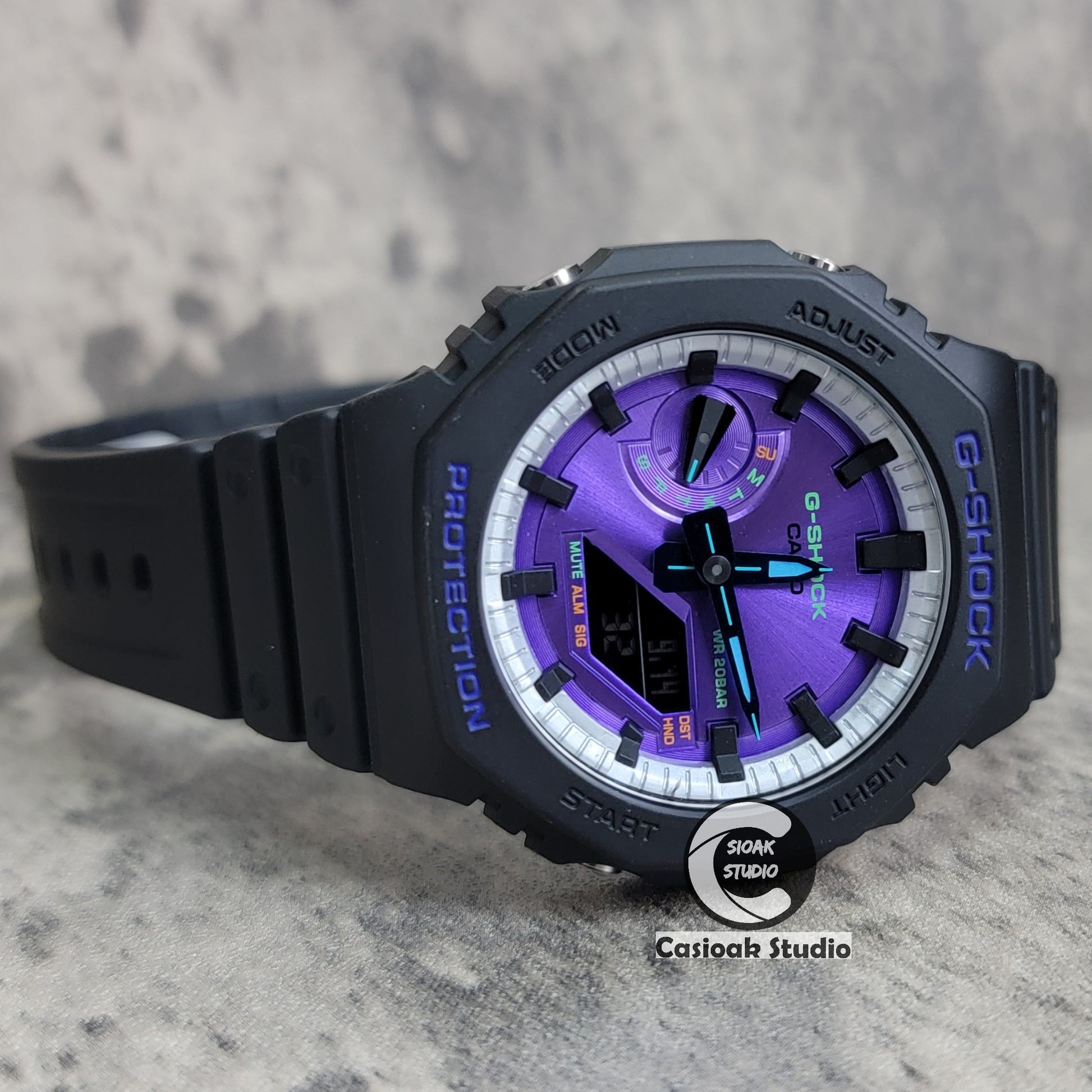 Casioak Mod Watch Black Plastic Case Strap Silver Black Time Mark Purple Dial 44mm - Casioak Studio
