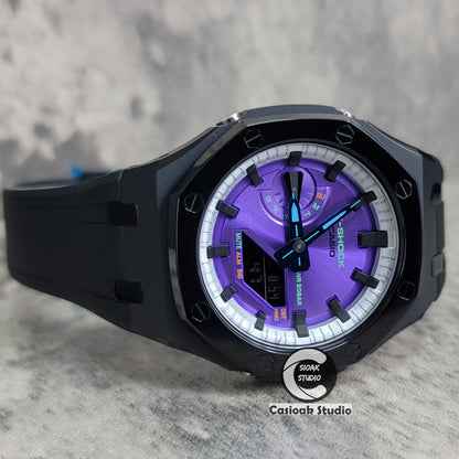 Casioak Mod Watch Polished Black Case Black Strap Silver Black Time Mark Purple Dial 44mm - Casioak Studio