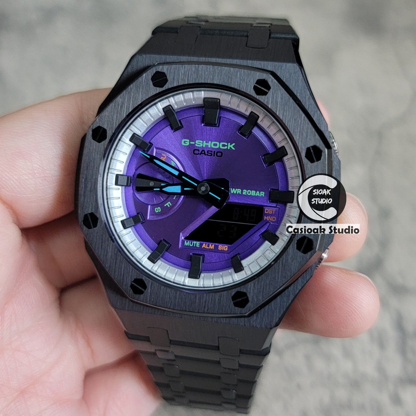 Casioak Mod Watch Black Case Metal Strap Silver Black Time Mark Purple Dial 44mm - Casioak Studio