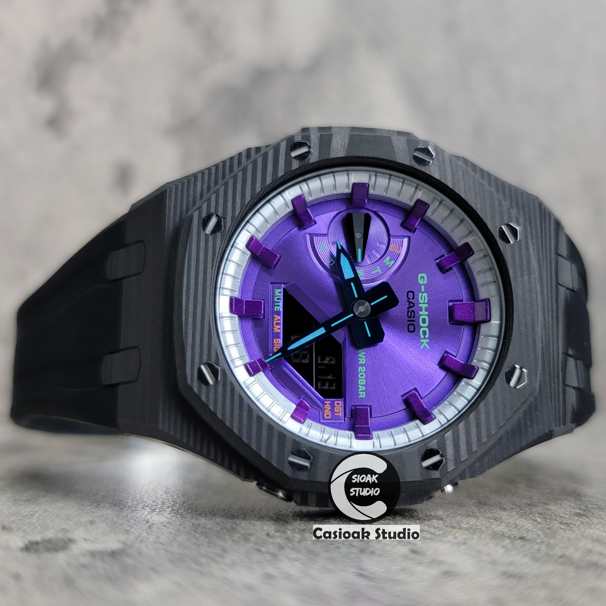 Casioak Mod Watch Carbon Fiber Black Case Black Strap Silver Purple Time Mark Purple Dial 44mm - Casioak Studio