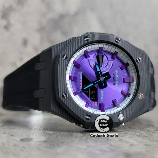 Casioak Mod Watch Carbon Fiber Black Case Black Strap Silver Purple Time Mark Purple Dial 44mm