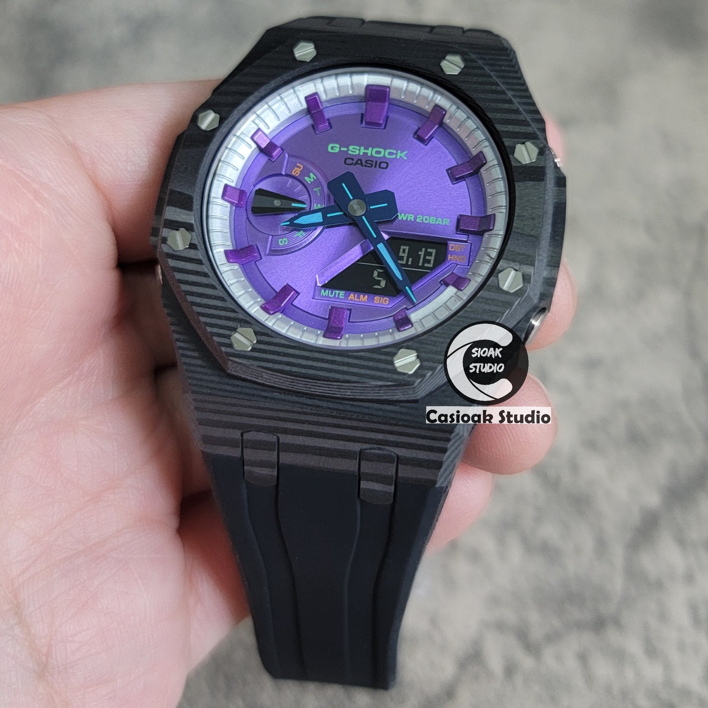 Casioak Mod Watch Carbon Fiber Black Case Black Strap Silver Purple Time Mark Purple Dial 44mm - Casioak Studio