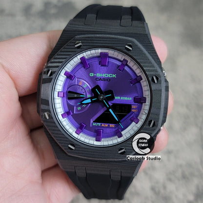 Casioak Mod Watch Carbon Fiber Black Case Black Strap Silver Purple Time Mark Purple Dial 44mm - Casioak Studio