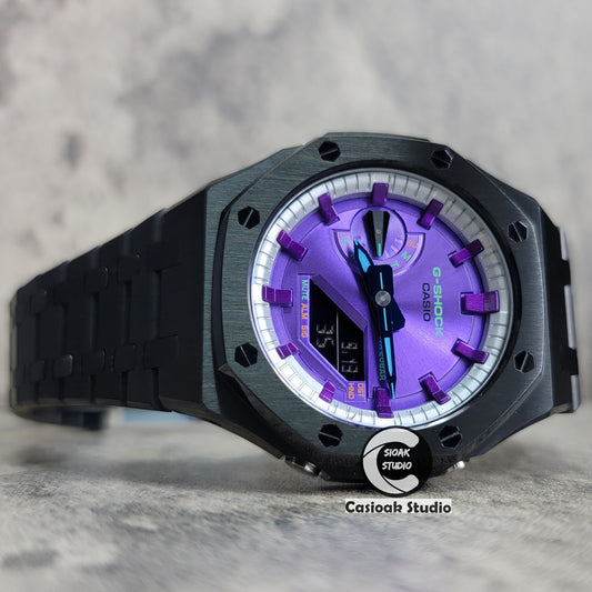 Casioak Mod Watch Black Case Metal Strap Silver Purple Time Mark Purple Dial 44mm