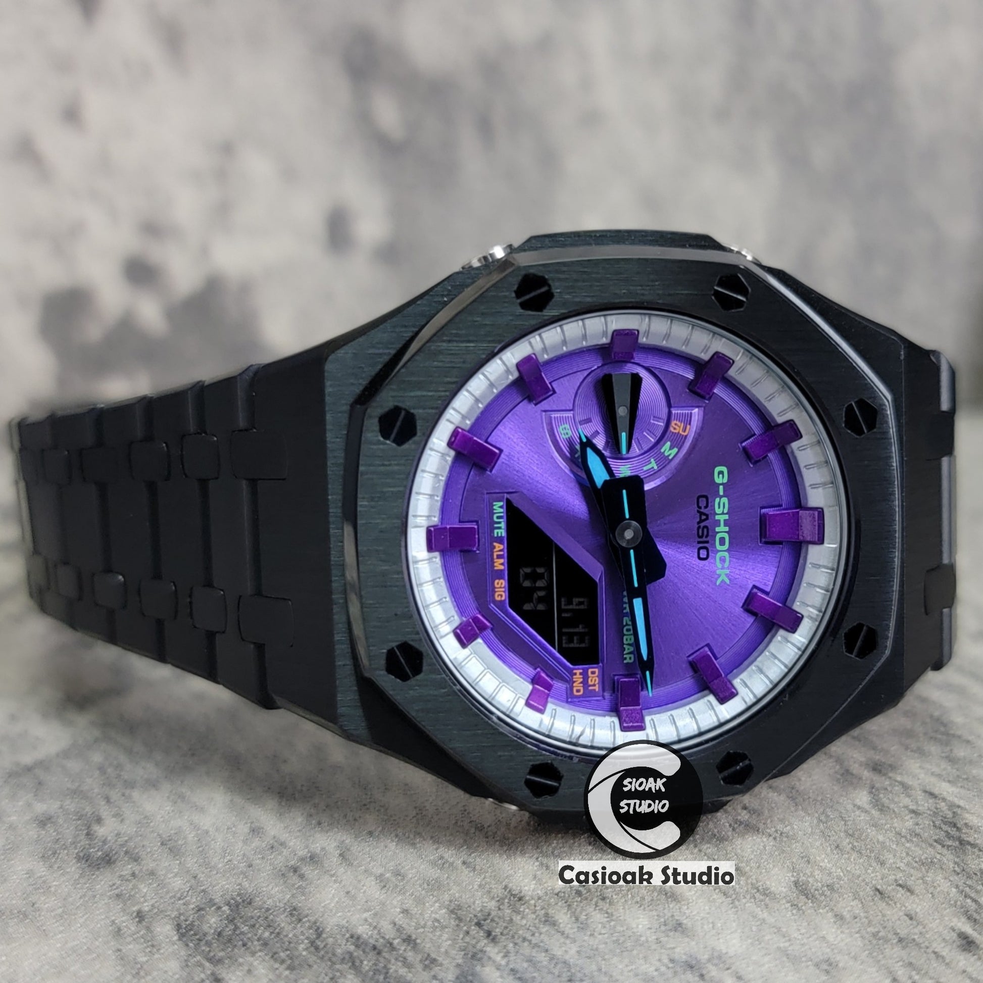 Casioak Mod Watch Black Case Metal Strap Silver Purple Time Mark Purple Dial 44mm - Casioak Studio