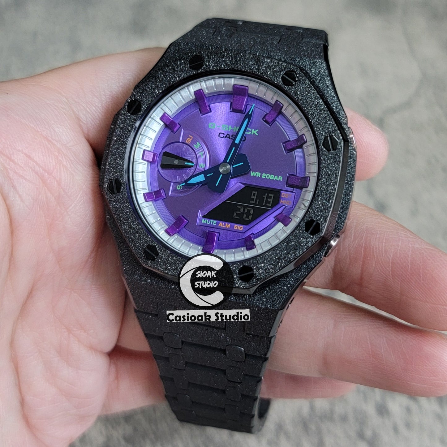 Casioak Mod Watch Frosted Black Case Metal Strap Silver Purple Time Mark Purple Dial 44mm - Casioak Studio