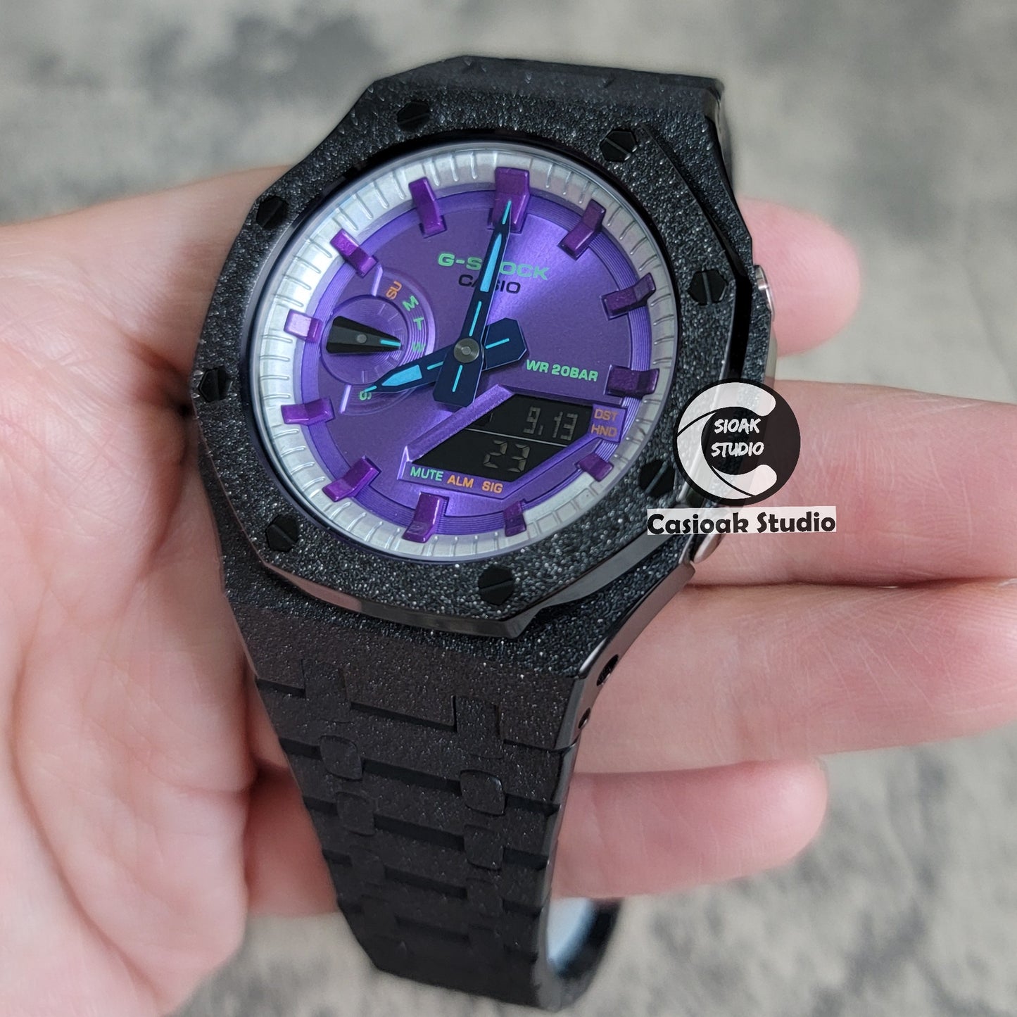 Casioak Mod Watch Frosted Black Case Metal Strap Silver Purple Time Mark Purple Dial 44mm - Casioak Studio