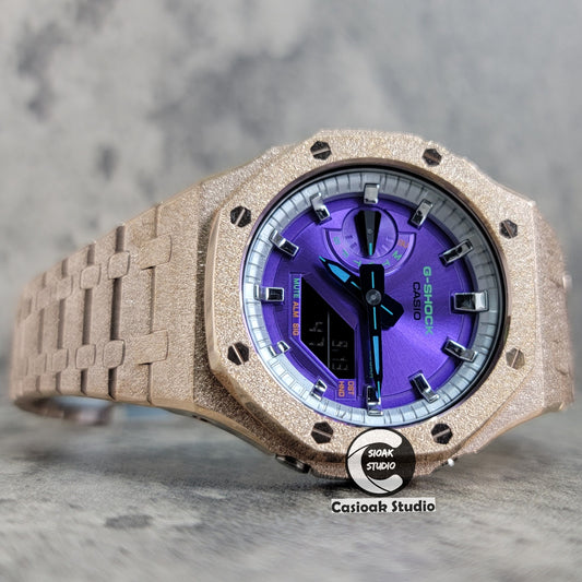 Casioak Mod Watch Frosted Rose Gold Case Metal Strap Silver Time Mark Purple Dial 44mm - Casioak Studio