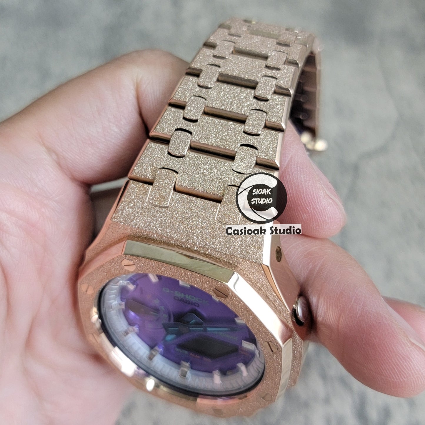 Casioak Mod Watch Frosted Rose Gold Case Metal Strap Silver Time Mark Purple Dial 44mm - Casioak Studio