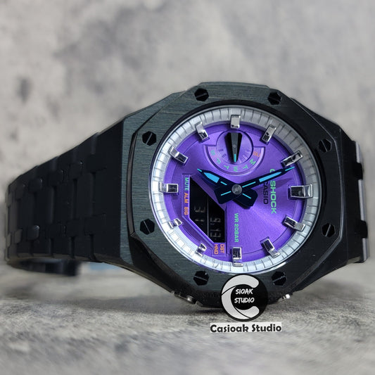 Casioak Mod Watch Black Case Metal Strap Silver Time Mark Purple Dial 44mm - Casioak Studio
