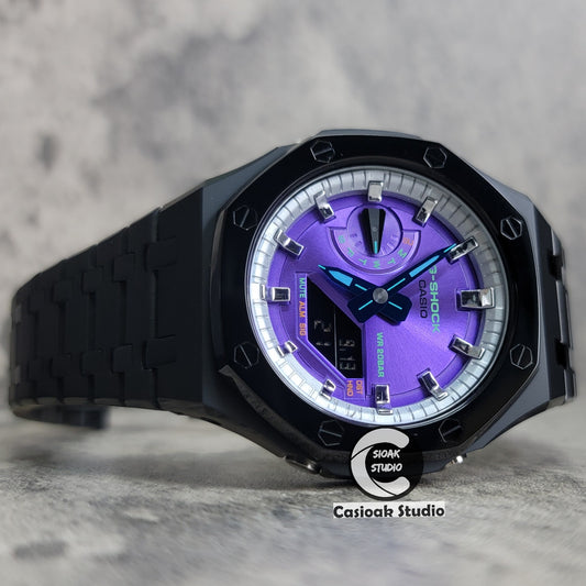 Casioak Mod Watch Polished Black Case Metal Strap Silver Time Mark Purple Dial 44mm - Casioak Studio