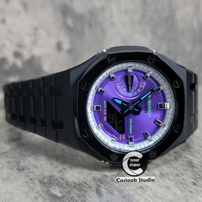 Casioak Mod Watch Polished Black Case Metal Strap Silver Time Mark Purple Dial 44mm - Casioak Studio