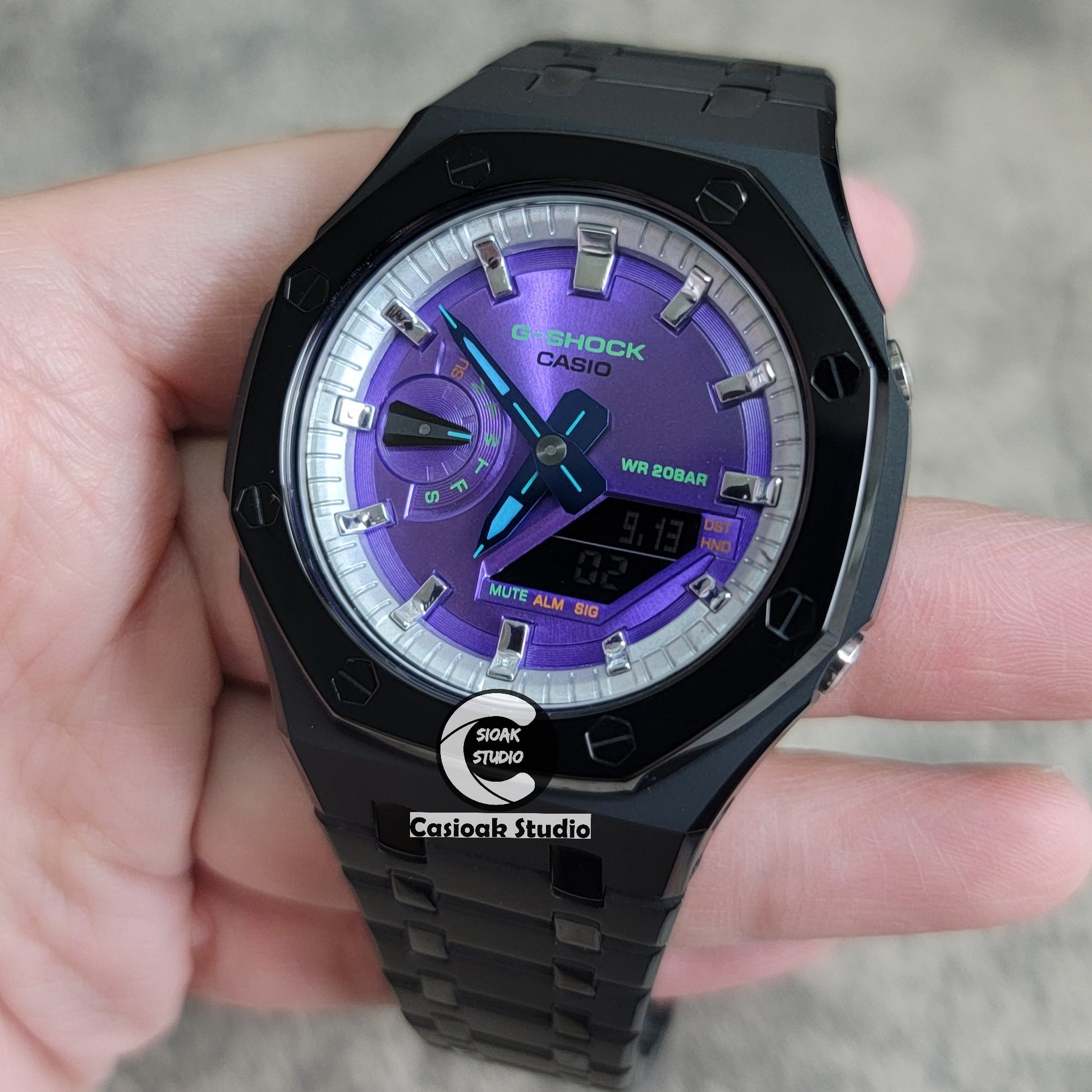 Casioak Mod Watch Polished Black Case Metal Strap Silver Time Mark Purple Dial 44mm - Casioak Studio