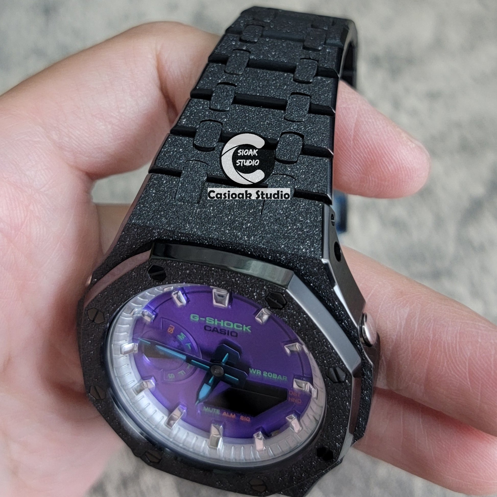 Casioak Mod Watch Frosted Black Case Metal Strap Silver Time Mark Purple Dial 44mm - Casioak Studio