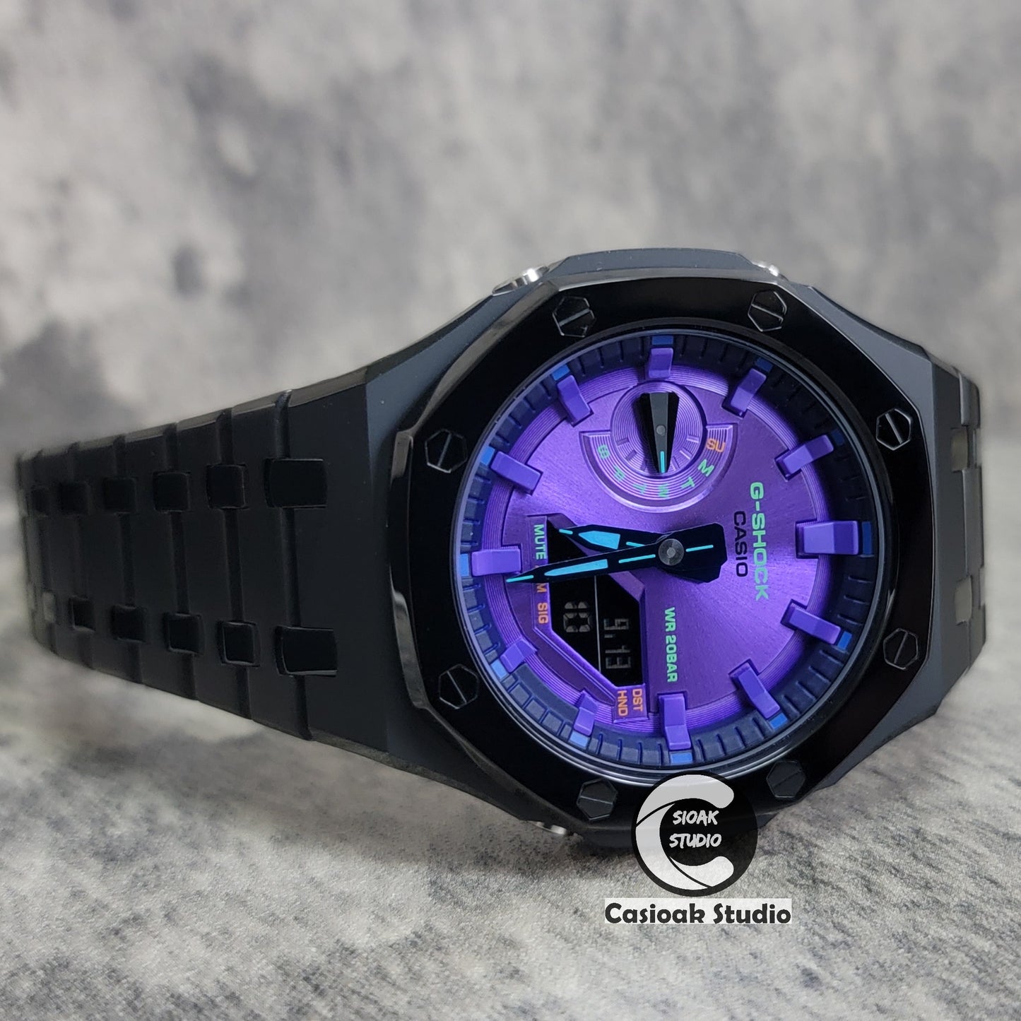Casioak Mod Watch Polished Black Case Metal Strap Purple Time Mark Purple Dial 44mm - Casioak Studio