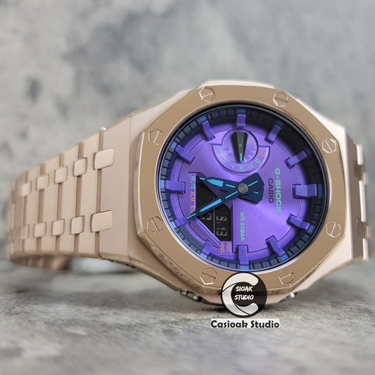 Casioak Mod Watch Polished Rose Gold Case Metal Strap Purple Time Mark Purple Dial 44mm - Casioak Studio