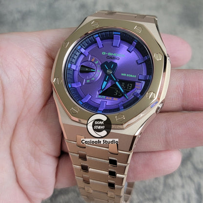 Casioak Mod Watch Polished Rose Gold Case Metal Strap Purple Time Mark Purple Dial 44mm - Casioak Studio