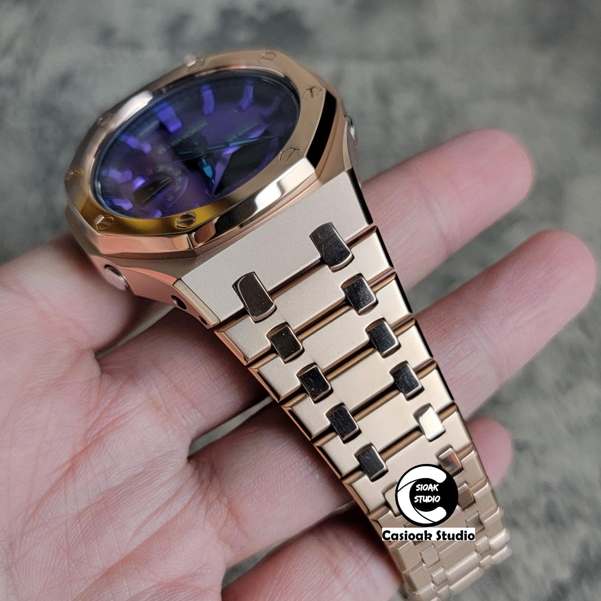 Casioak Mod Watch Polished Rose Gold Case Metal Strap Purple Time Mark Purple Dial 44mm - Casioak Studio