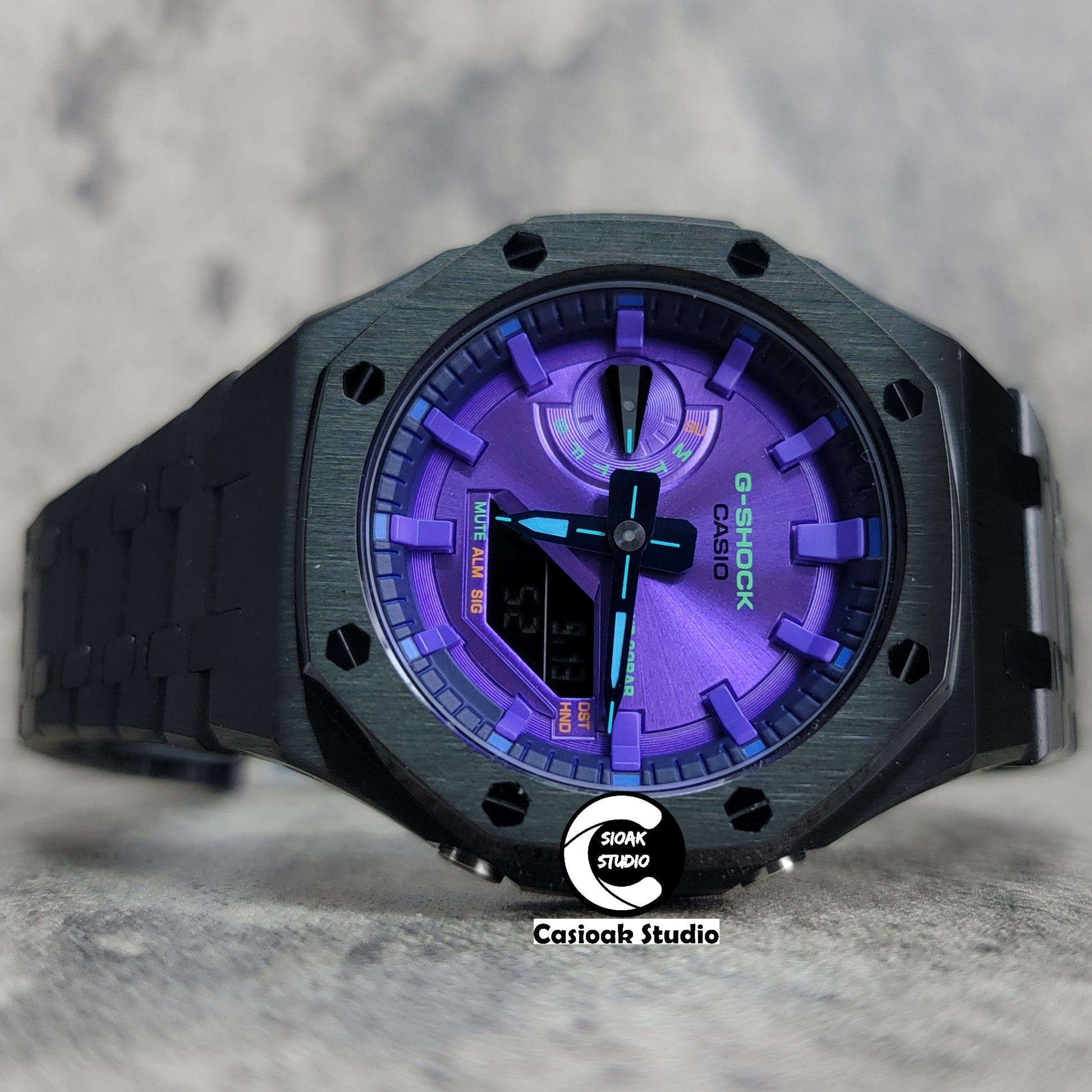 Casioak Mod Watch Black Case Metal Strap Purple Time Mark Purple Dial 44mm - Casioak Studio