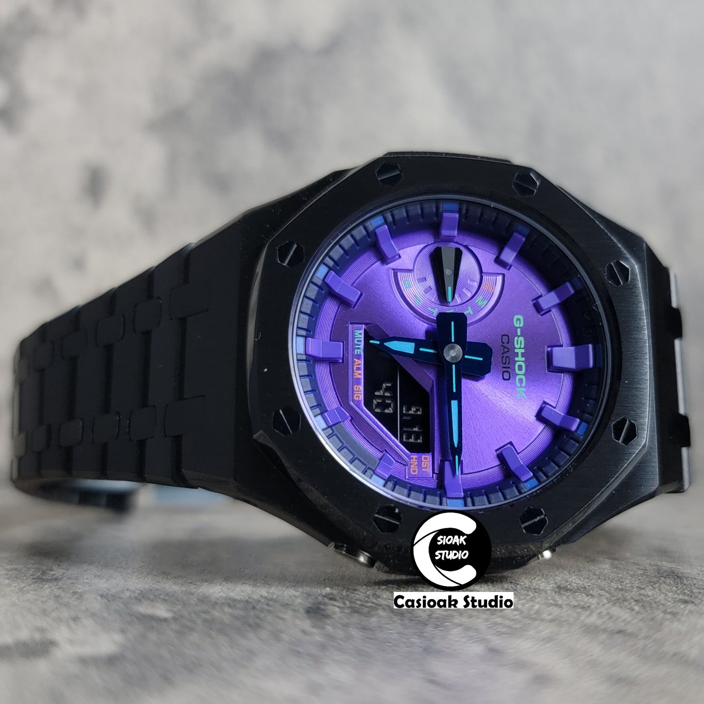 Casioak Mod Watch Black Case Metal Strap Purple Time Mark Purple Dial 44mm - Casioak Studio