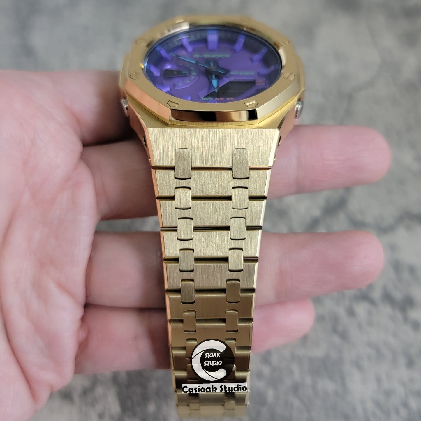 Casioak Mod Watch Gold Case Metal Strap Purple Time Mark Purple Dial 44mm - Casioak Studio