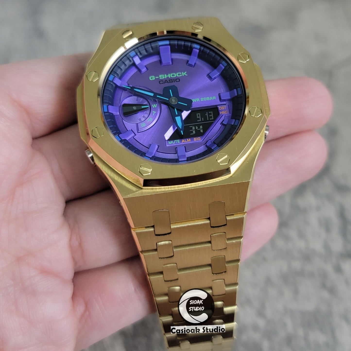 Casioak Mod Watch Gold Case Metal Strap Purple Time Mark Purple Dial 44mm - Casioak Studio