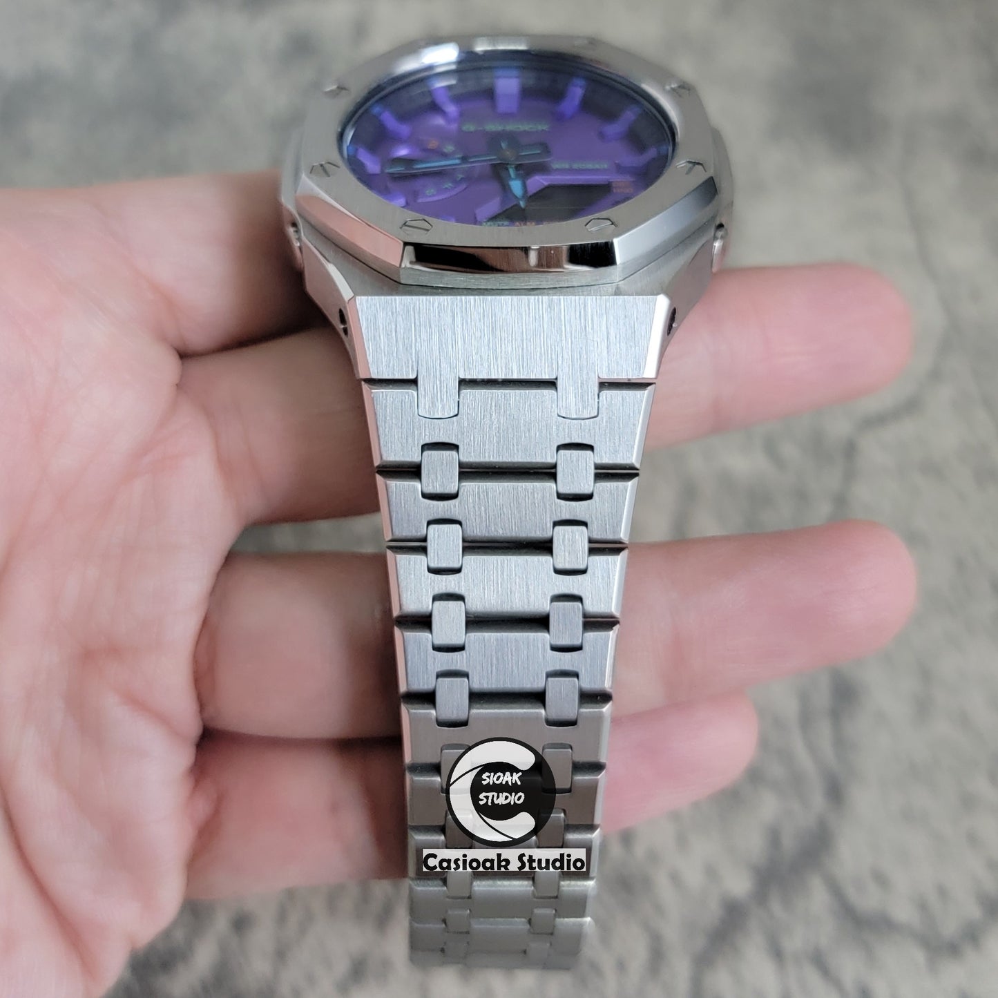 Casioak Mod Watch Silver Case Metal Strap Purple Time Mark Purple Dial 44mm - Casioak Studio