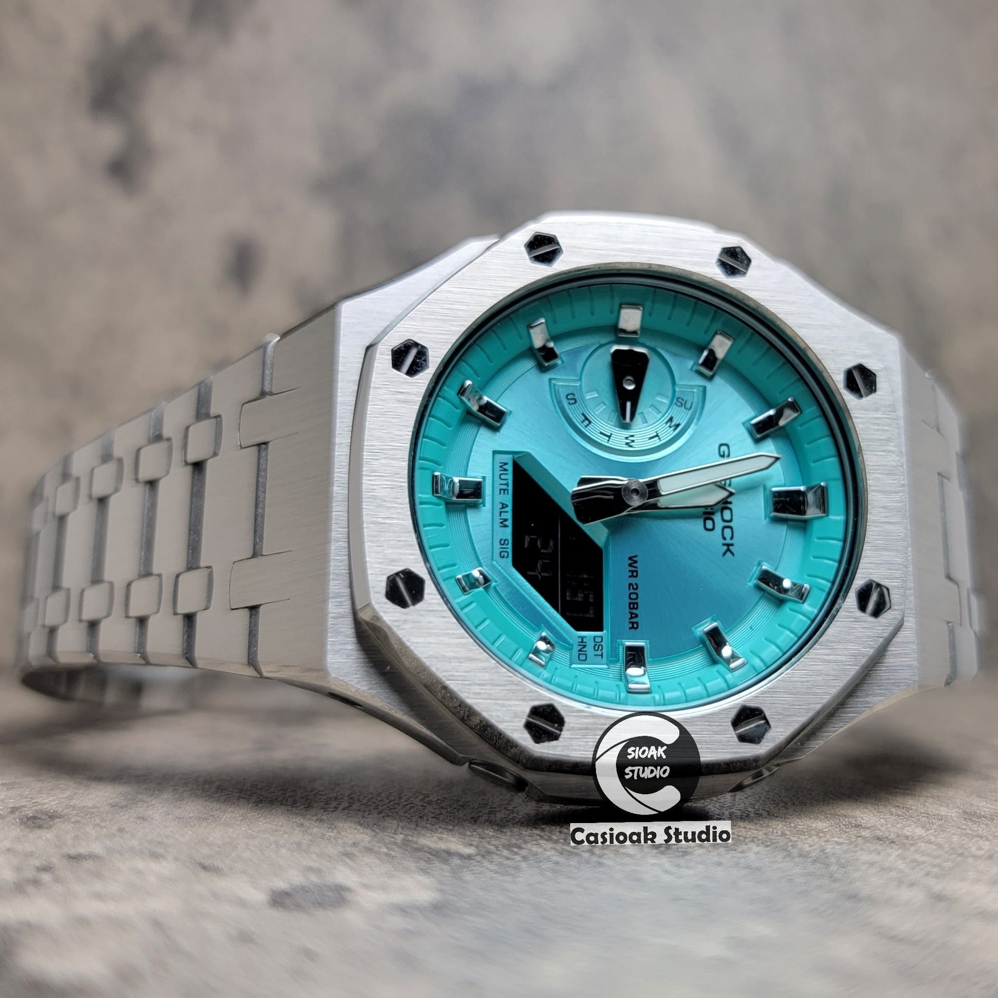 Casioak Mod Watch Silver Case Metal Strap Tiffany Silver Time Mark Tiffany Blue Dial 44mm - Casioak Studio