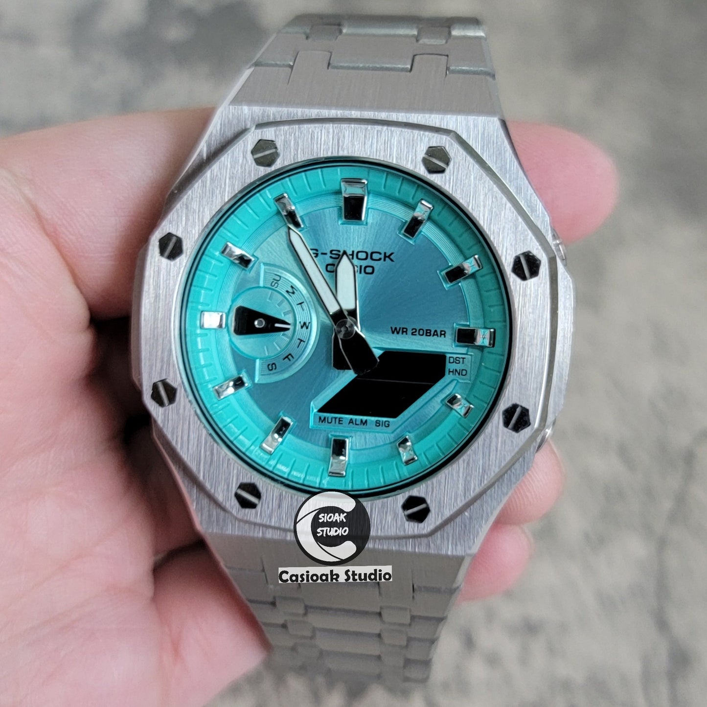 Casioak Mod Watch Silver Case Metal Strap Tiffany Silver Time Mark Tiffany Blue Dial 44mm - Casioak Studio