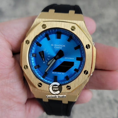 Casioak Mod Watch Gold Case Blue Rubber Strap Blue Black Time Mark Blue Dial 44mm - Casioak Studio